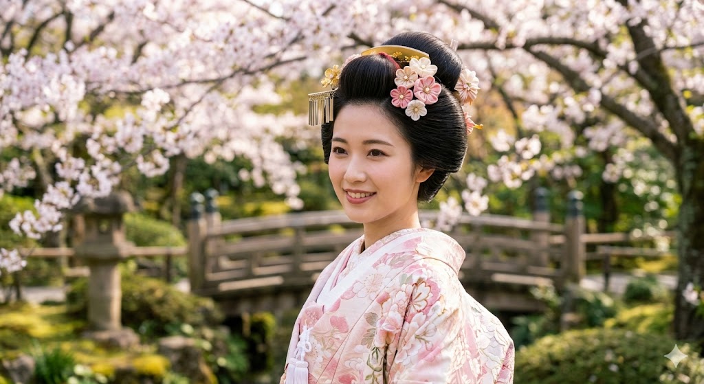 Cute kimono hairstyle with classic Japanese updo and kanzashi hairpin