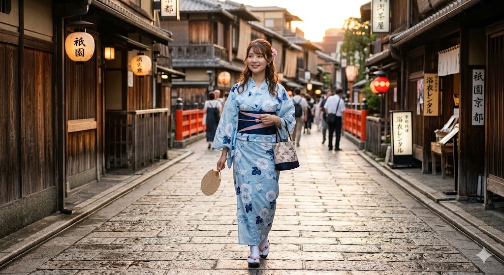 Cute Japanese hairstyle half up half down with flower clip for yukata