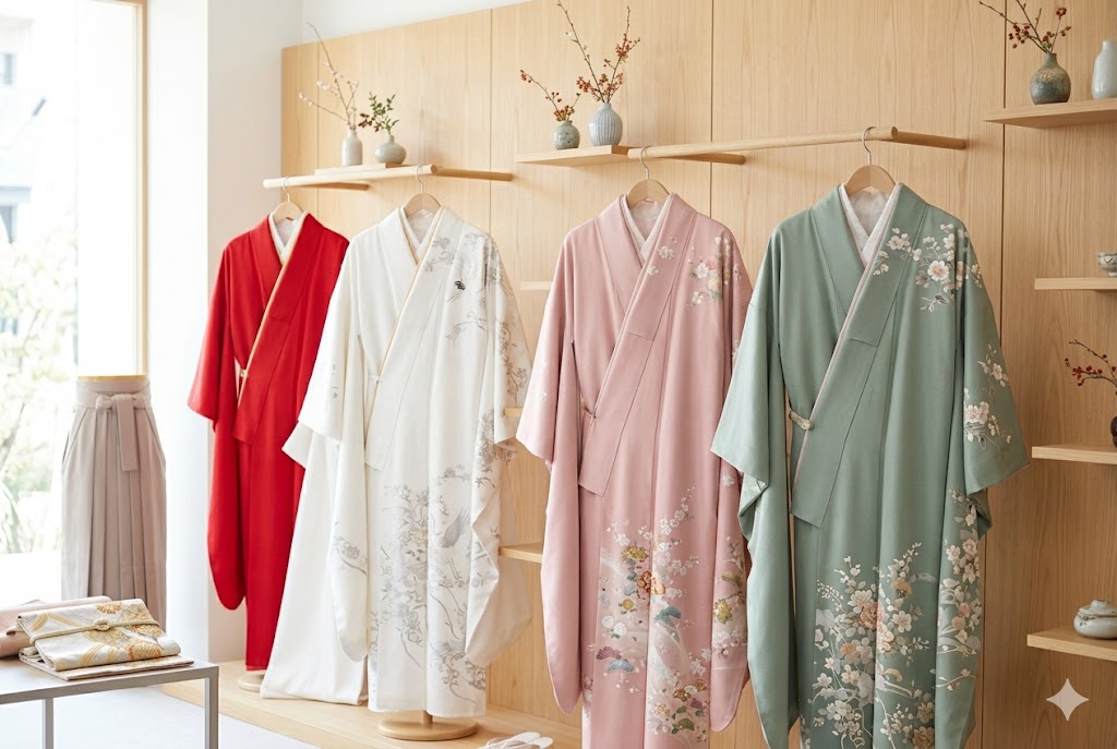 Furisode in red, white, pink and sage green colors