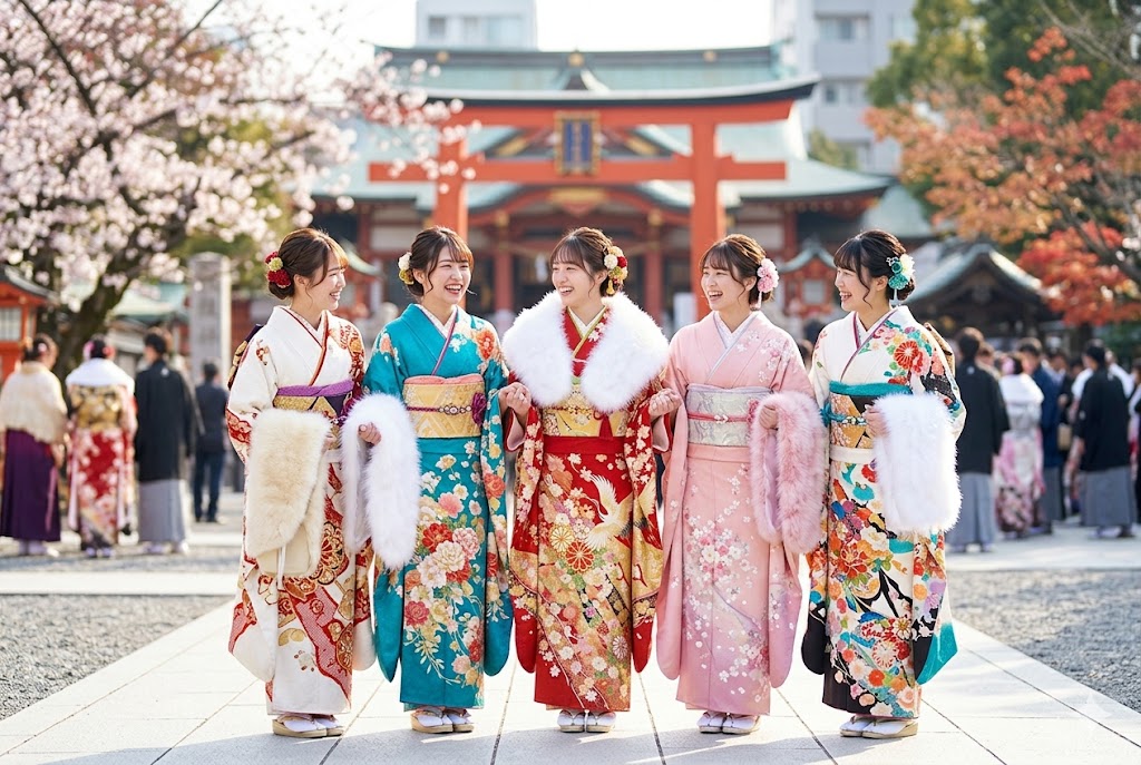 Young women in colorful furisode celebrating Coming-of-Age Day in Japan