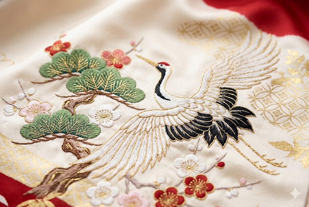 Crane and floral embroidery patterns on a furisode
