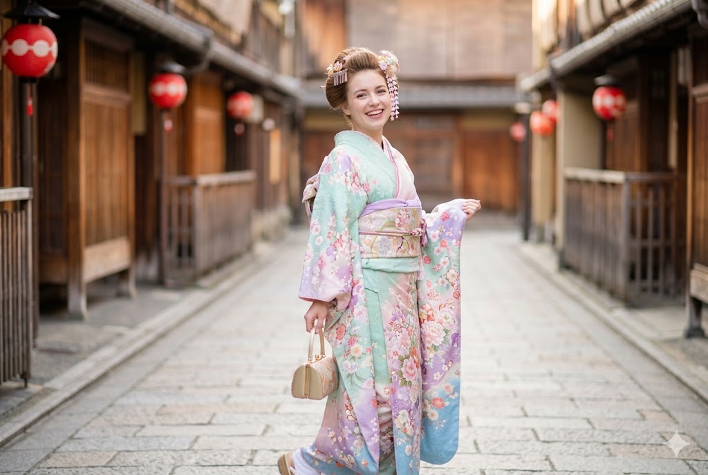 Woman wearing a furisode on a traditional street in Kyoto