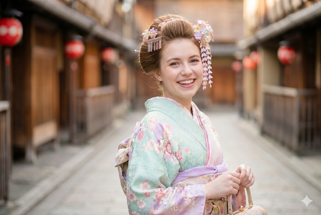 Woman enjoying a furisode rental experience in Japan
