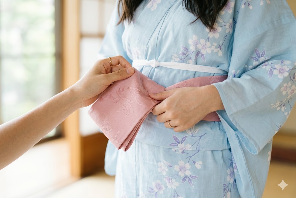 Tying the obi belt over a yukata