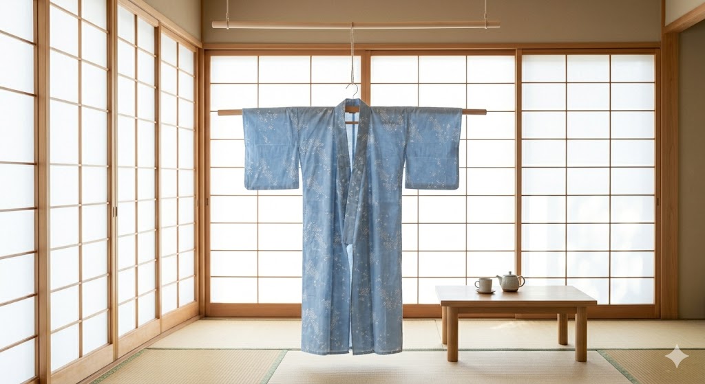 Cotton yukata drying on a wide hanger indoors, away from direct sunlight