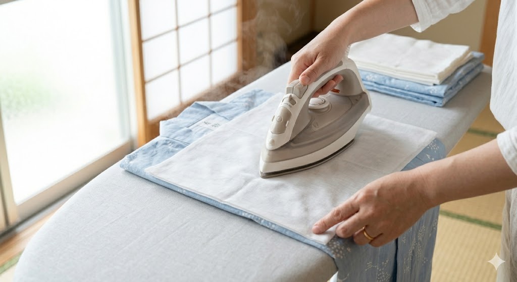 Hands ironing a cotton yukata using a thin white pressing cloth