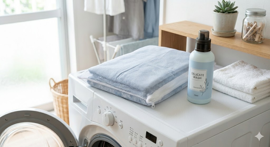 Folded cotton yukata inside a mesh laundry net next to a bottle of mild delicate detergent