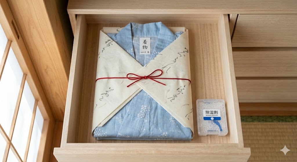Folded yukata wrapped in tatoushi paper and stored in a wooden drawer