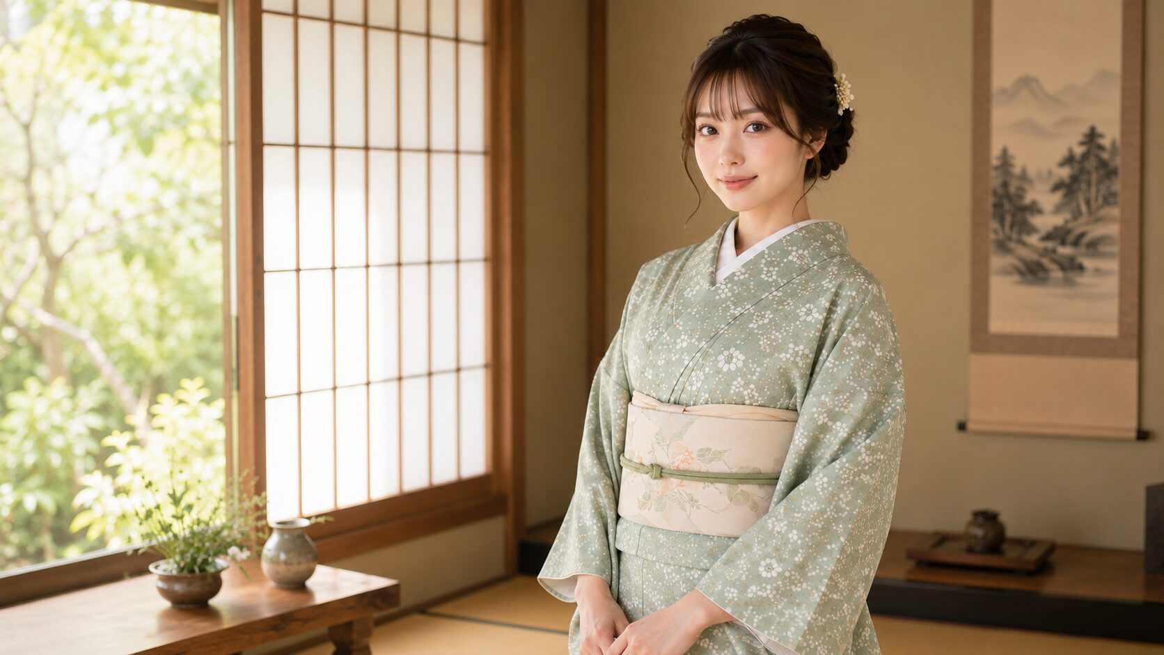A young woman wearing a correctly dressed casual celadon green floral kimono with a Nagoya obi, the finished beginner kimono look
