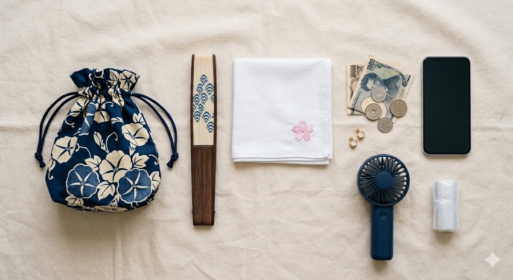 Flat lay of summer festival essentials packed inside a kinchaku pouch