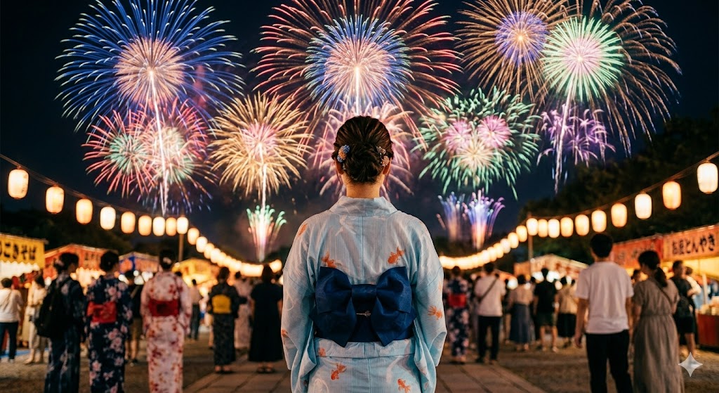 Back view of a woman in a yukata watching fireworks at a Japanese summer festival