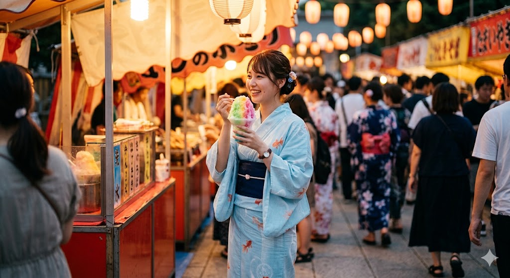 Woman in a yukata standing beside a festival food stall enjoying shaved ice
