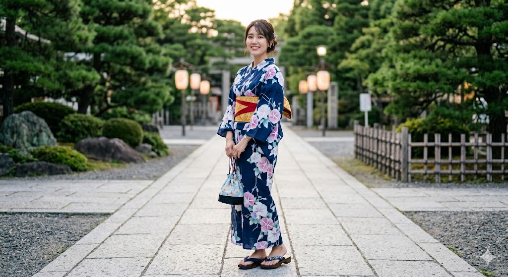 Young woman in a navy and white morning-glory yukata, a cool-toned summer festival outfit