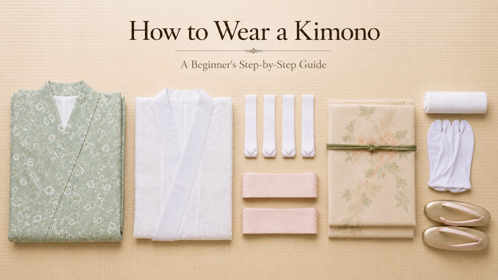Everything needed to wear a casual kimono laid out neatly: a celadon green floral komon kimono, white nagajuban, koshihimo cords, datejime sashes, obi, rolled face towel, white tabi socks and zori sandals