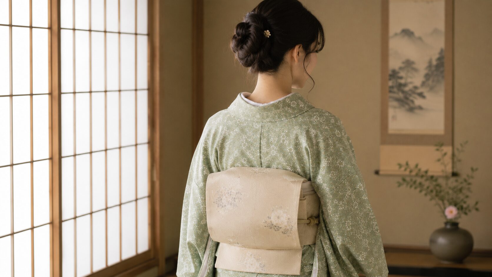 Back view of a celadon green kimono with a Nagoya obi neatly tied in the classic otaiko drum knot