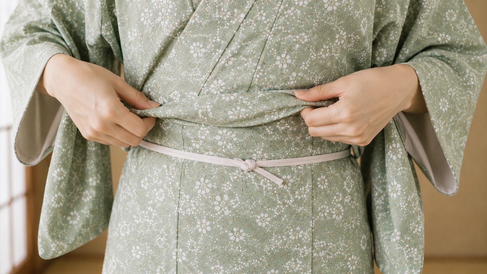 Hands folding and smoothing the ohashori tuck of fabric at the waist of a celadon green kimono, secured with a koshihimo cord