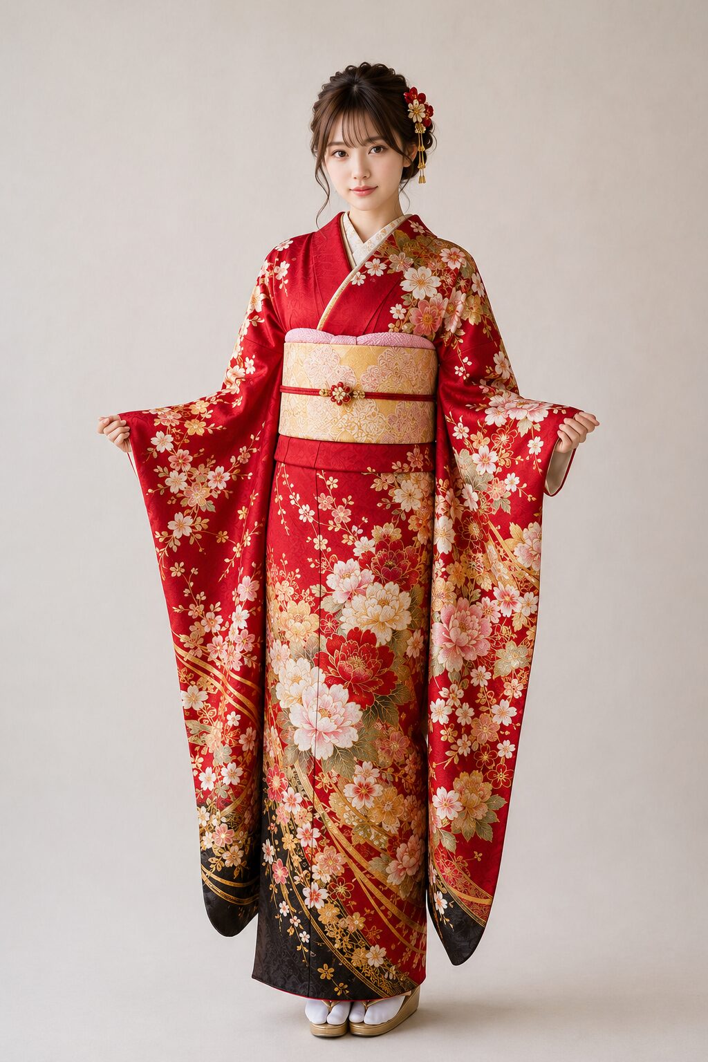 Full-length view of a young woman in a red furisode kimono with long sleeves