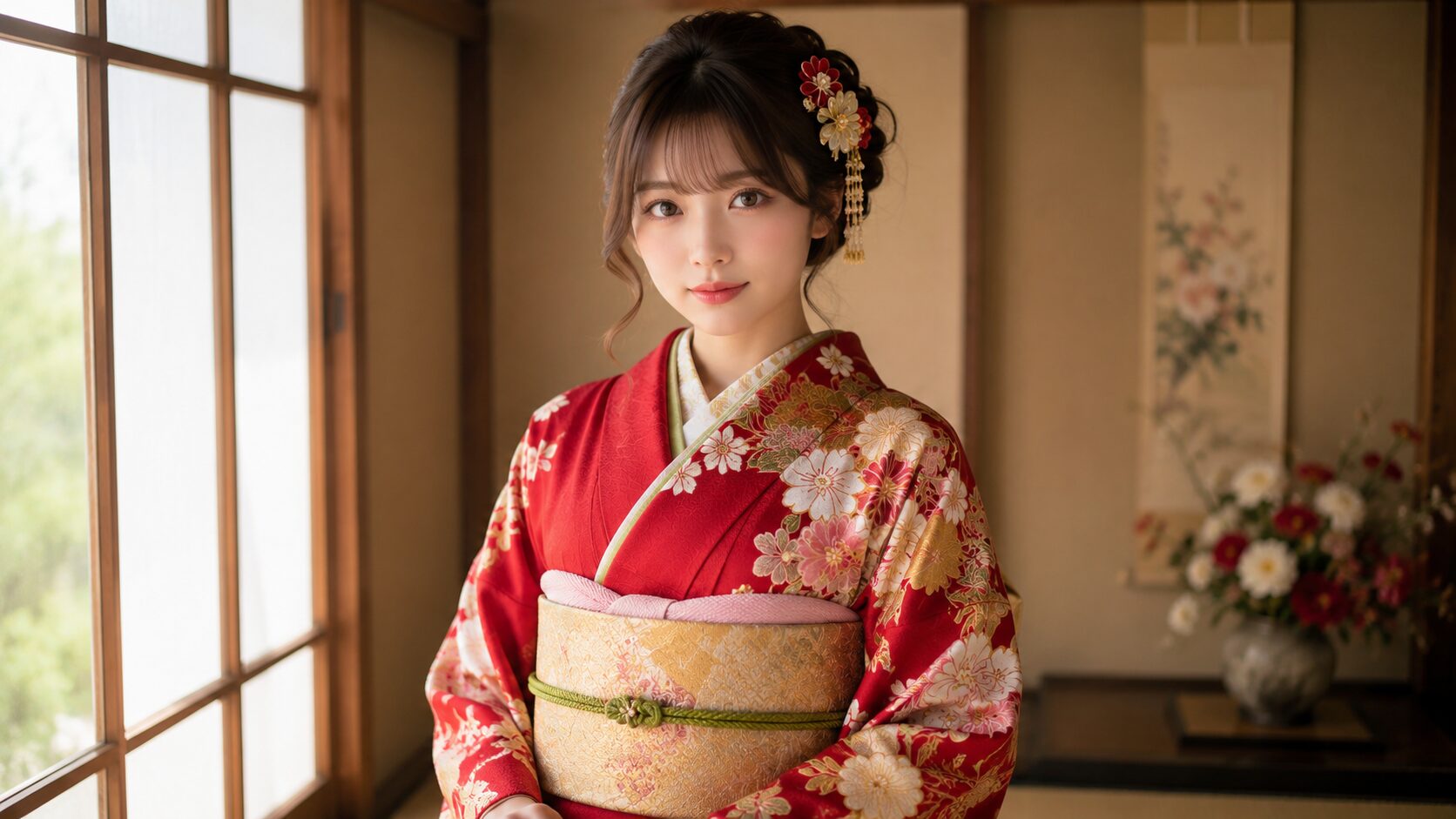 Young woman in a colorful long-sleeved furisode kimono with an elegant formal updo