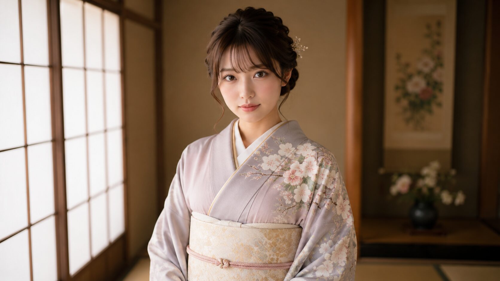 Woman in an elegant semi-formal houmongi kimono with a refined updo