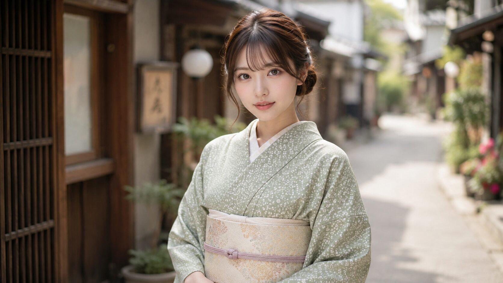 Woman in a casual komon kimono with a soft loose low bun
