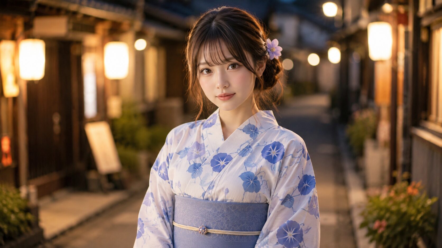 Woman in a casual cotton summer yukata with a loose updo and a summer flower
