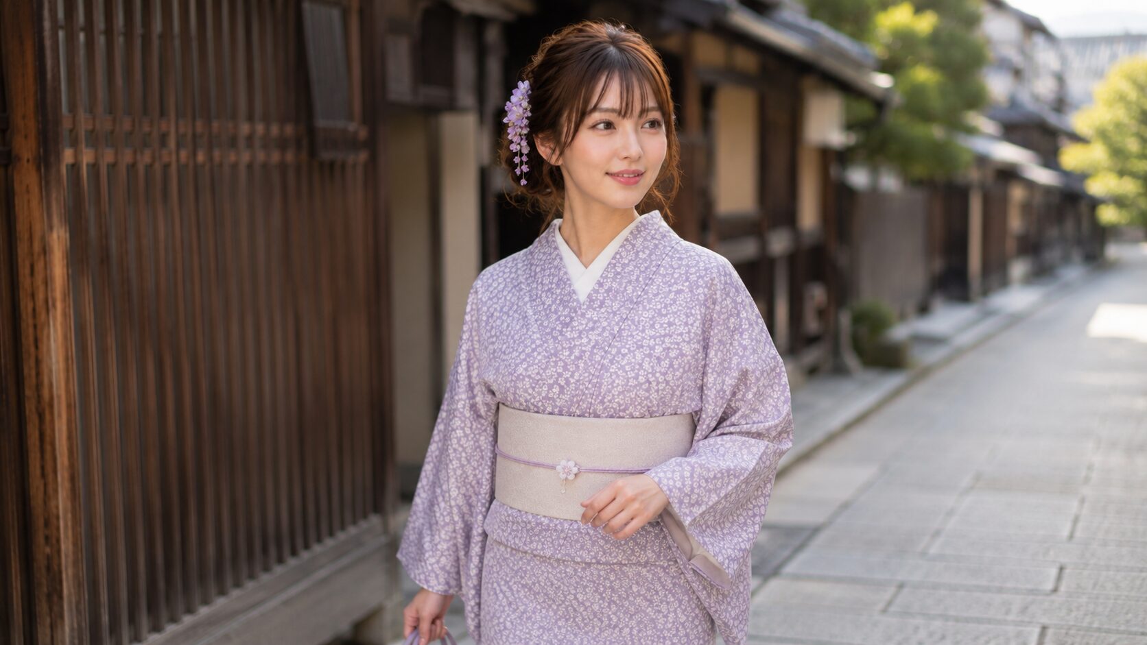 Woman in a komon kimono walking through a city street