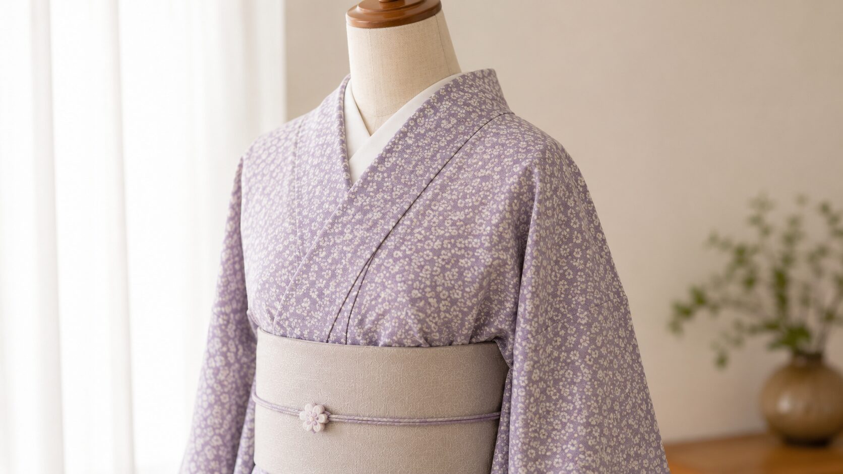 Woman wearing a komon kimono showing the all-over repeating pattern