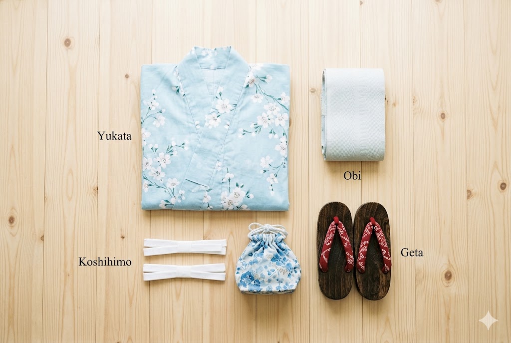 What's included in a complete yukata set: yukata, obi, koshihimo, kinchaku bag, and geta