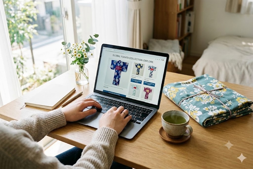 Browsing yukata online from home on a laptop