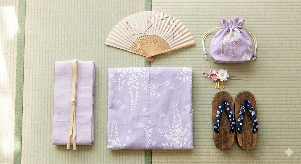Flat lay of complete yukata accessories set including lavender yukata, obi belt, geta sandals, kinchaku bag, kanzashi hair pin and folding fan on tatami mat