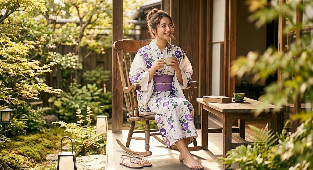 Young woman wearing a soft cotton yukata robe with morning glory pattern sitting on a sunlit porch with coffee