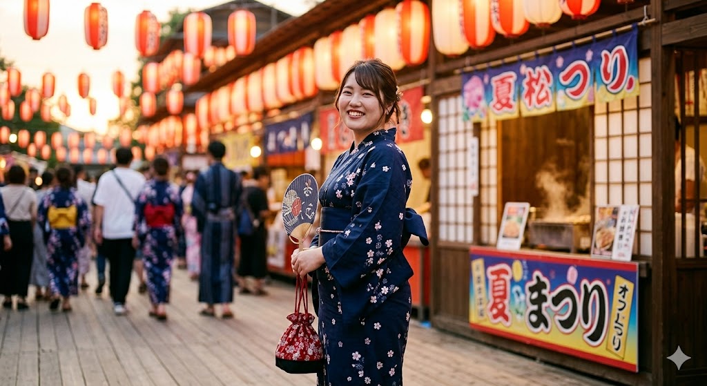 yukata curvy body type outfit dark navy floral