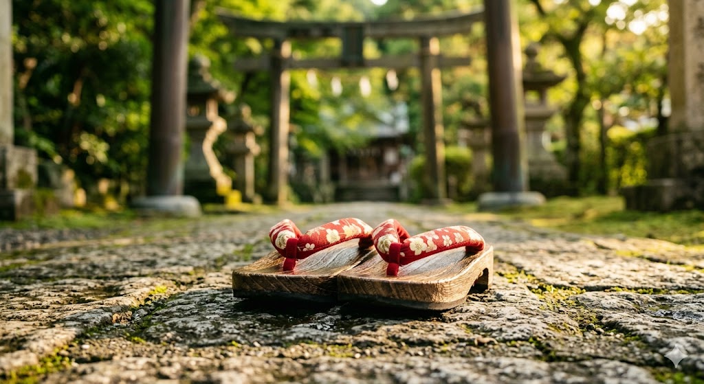 Traditional Japanese wooden geta sandals with red floral strap on stone path at Japanese shrine