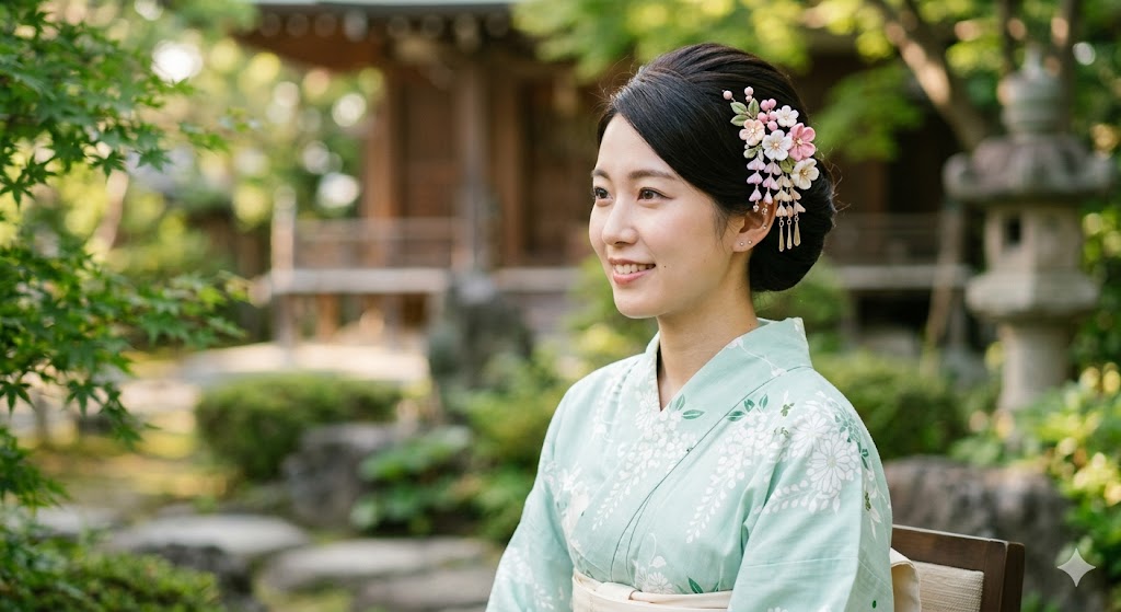 Young woman with traditional updo hairstyle and kanzashi hair pin with pink and white silk flowers wearing mint green yukata