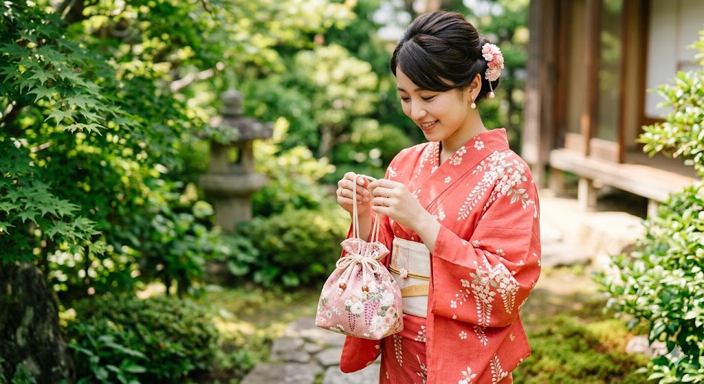 Young woman in coral red yukata holding small pink floral kinchaku drawstring bag with both hands in Japanese garden