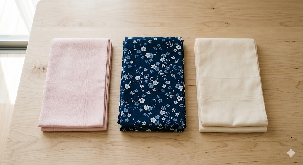 Flat lay of three yukata obi belts in pink, navy and cream colors on wooden surface