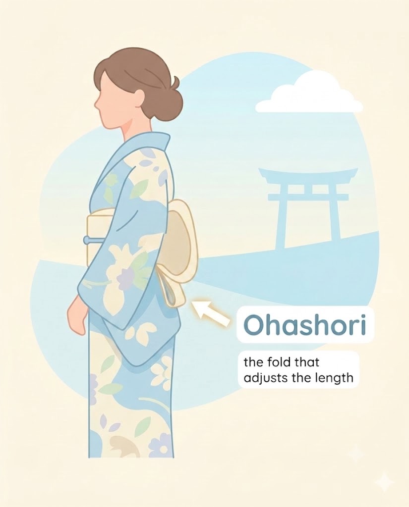 The ohashori fold at the waist that adjusts a yukata's length