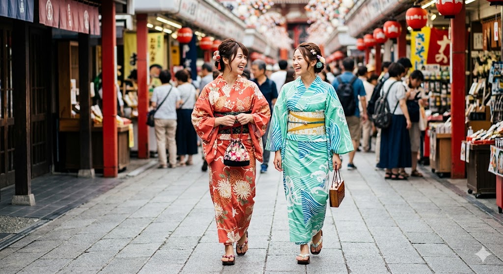 Two young women in colorful yukata walking along Nakamise shopping street in Asakusa Tokyo