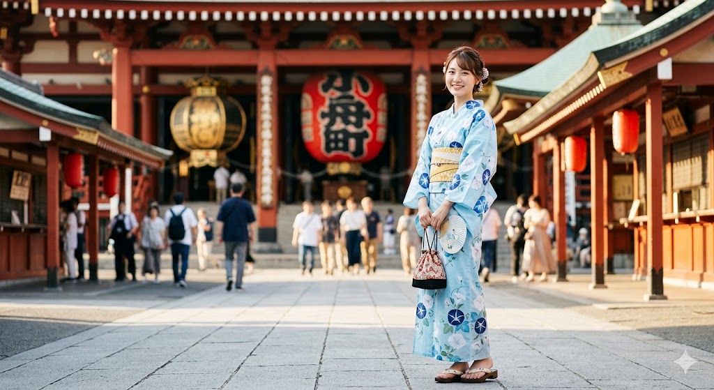 Young woman in light blue yukata with morning glory pattern standing in front of Senso-ji Temple in Asakusa