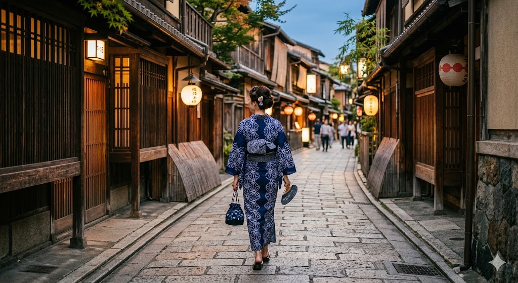 Young woman in deep indigo yukata walking along stone-paved street in Kyoto's Gion district