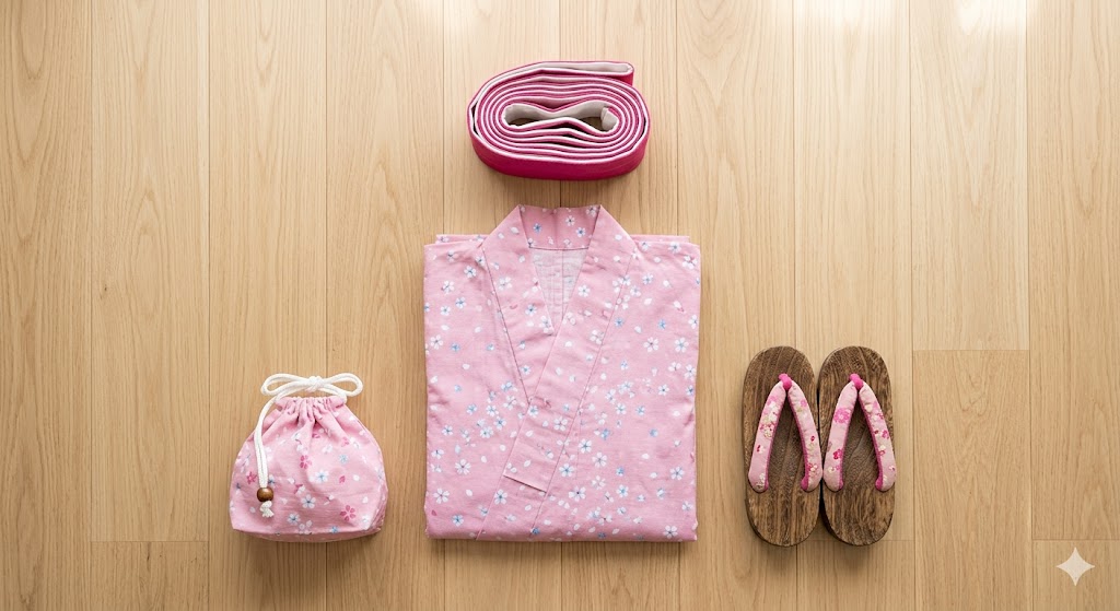 Flat lay of yukata rental set including pink floral yukata, obi belt, wooden geta sandals and fabric bag