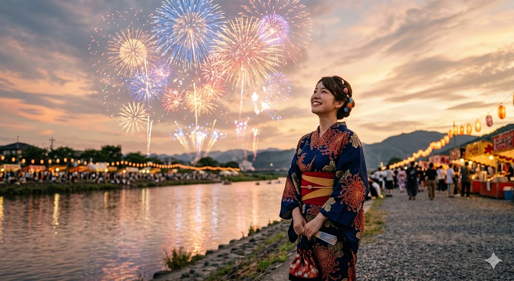 Young woman in navy blue yukata with chrysanthemum pattern watching colorful fireworks at Japanese summer festival