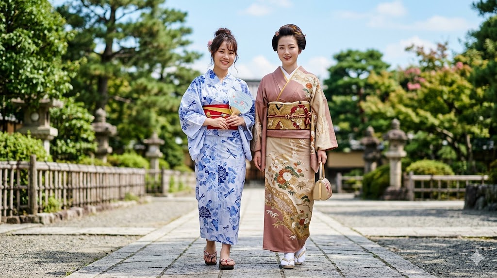 Yukata vs kimono side by side — a casual cotton summer yukata on the left and a formal silk kimono on the right