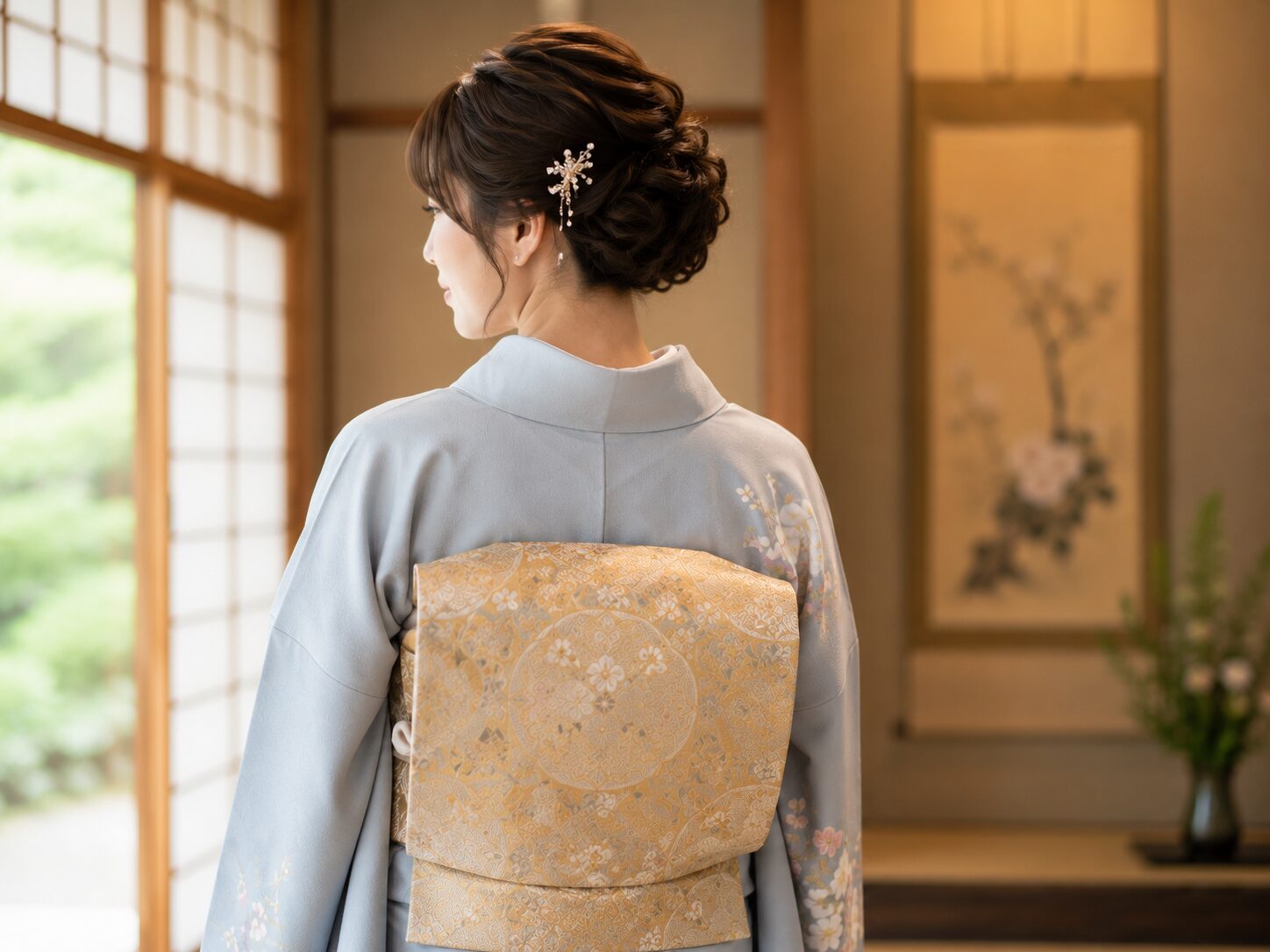 How to style a houmongi – back view of gold fukuro obi tied in a double taiko knot on a semi-formal kimono