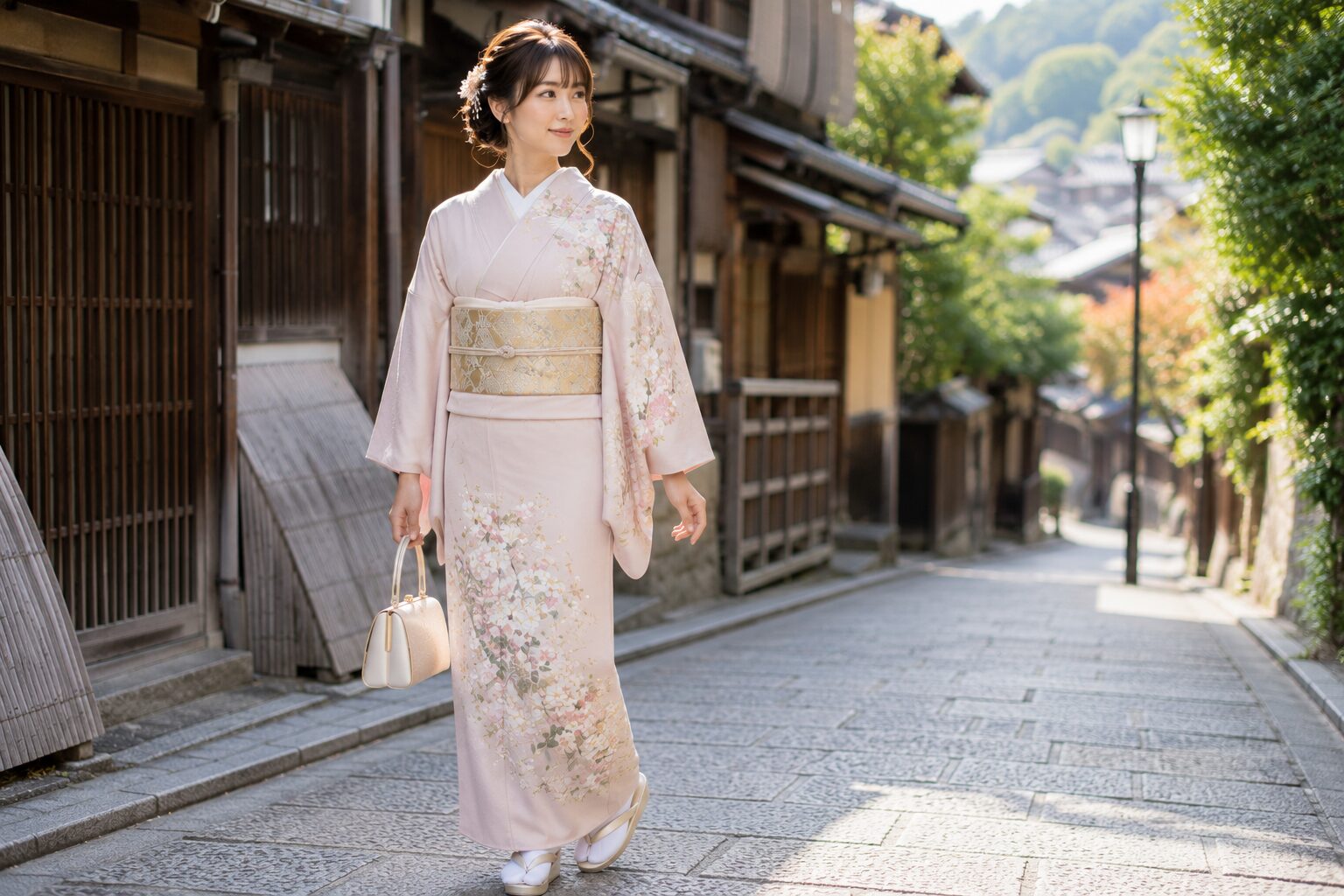 Houmongi kimono rental – woman in elegant semi-formal kimono walking through a traditional Kyoto street
