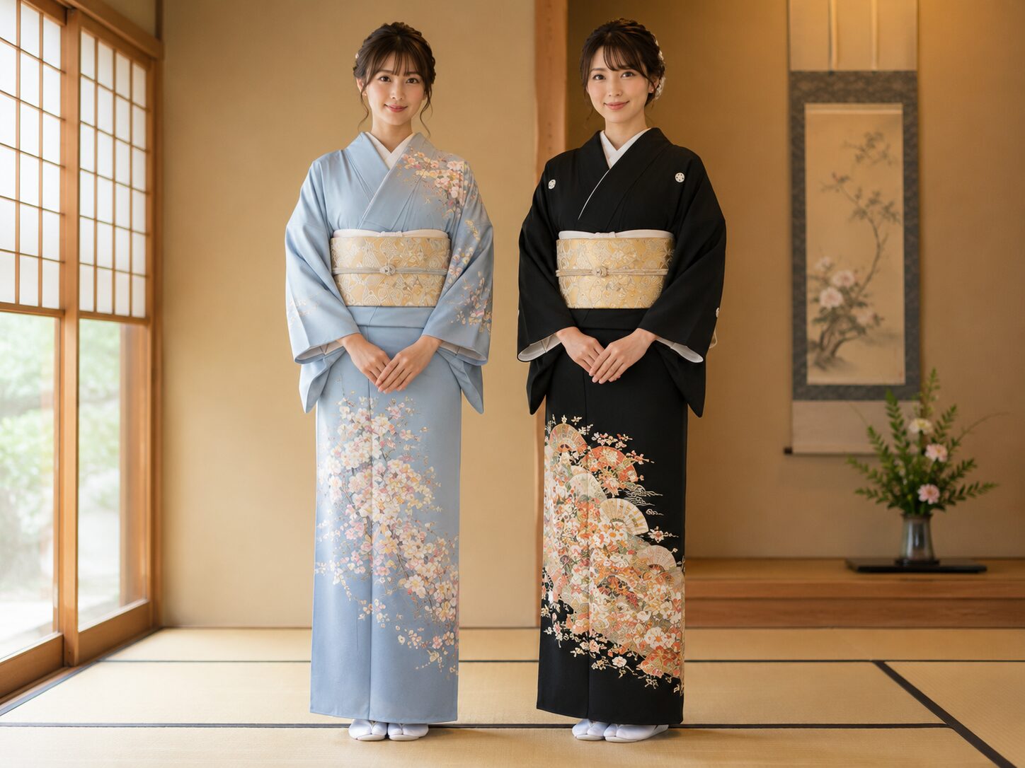 Houmongi vs tomesode – comparison of kimono pattern placement, houmongi with shoulder and chest motifs beside tomesode with hem-only design