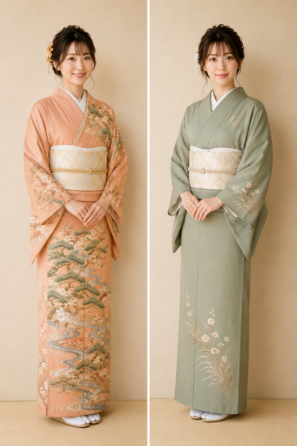 Houmongi kimono with a design across the whole garment beside a tsukesage kimono with a smaller design on the hem and sleeve