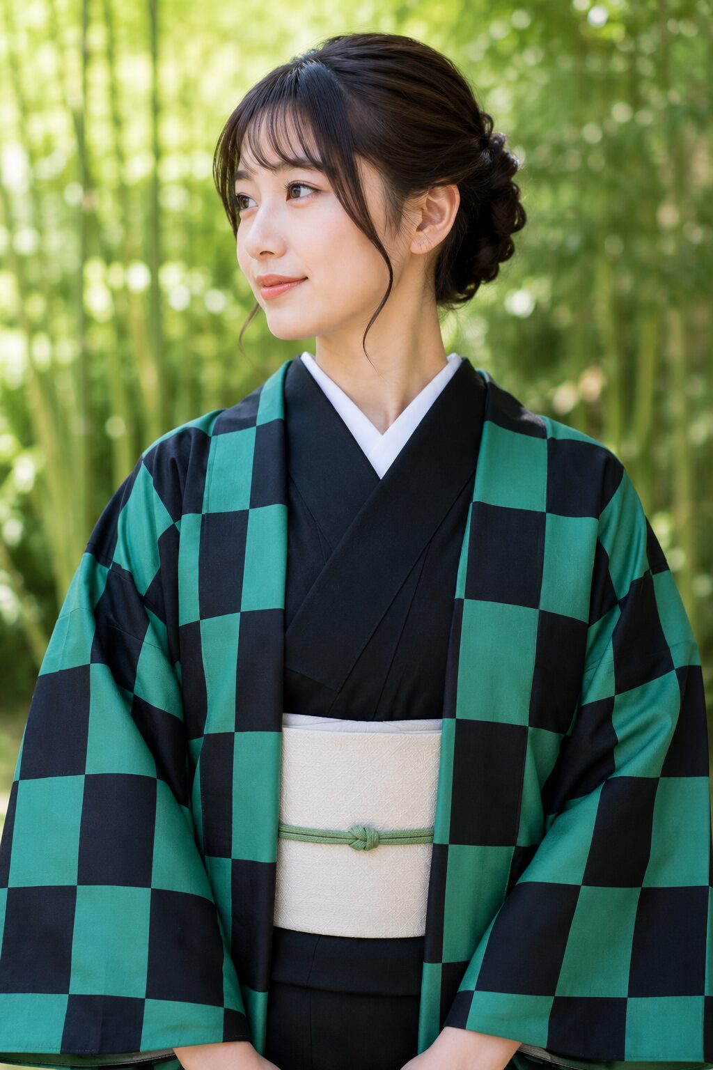 Woman wearing a green and black ichimatsu checkerboard haori over a plain kimono