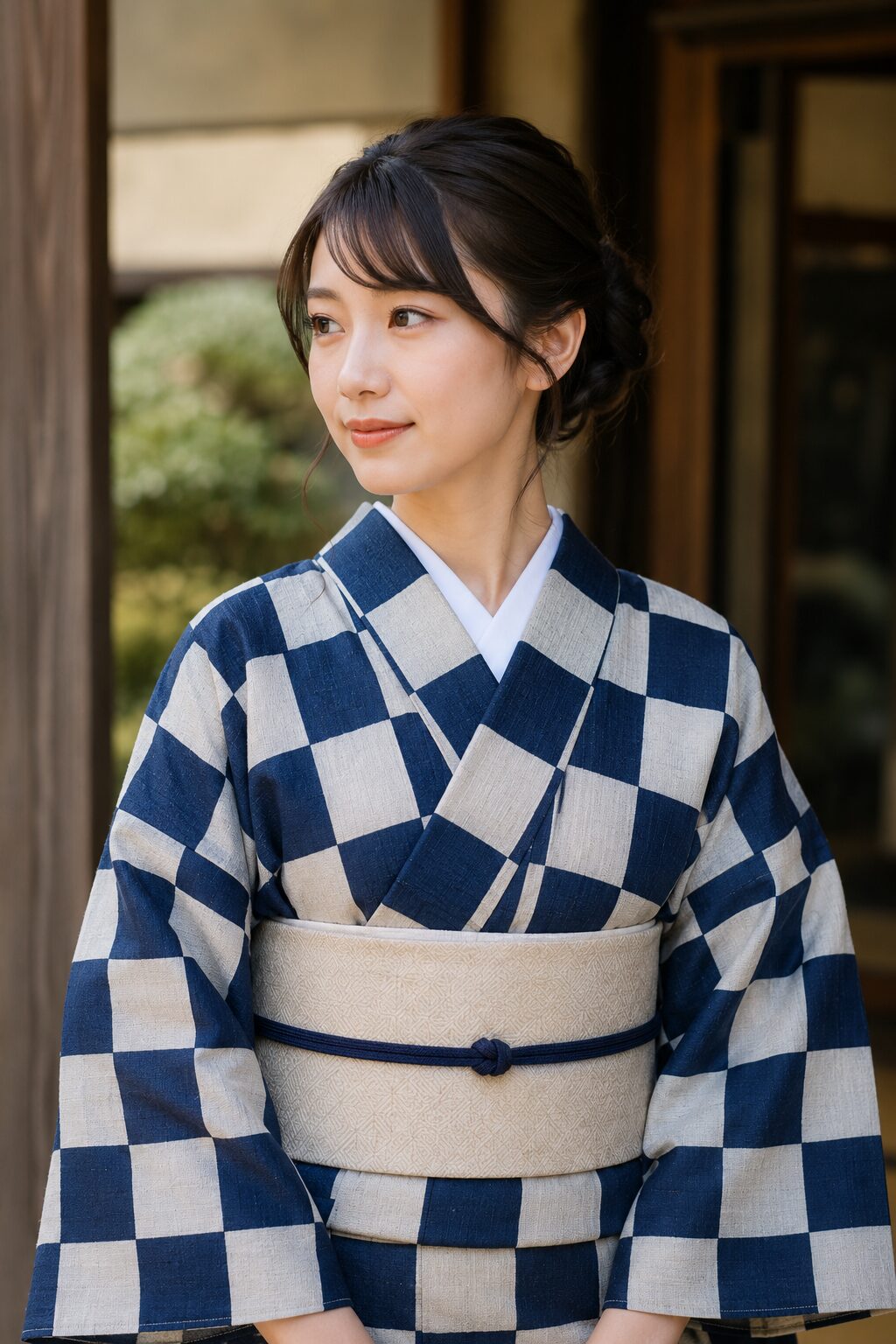 Woman wearing a kimono with a classic indigo and white ichimatsu checkerboard pattern