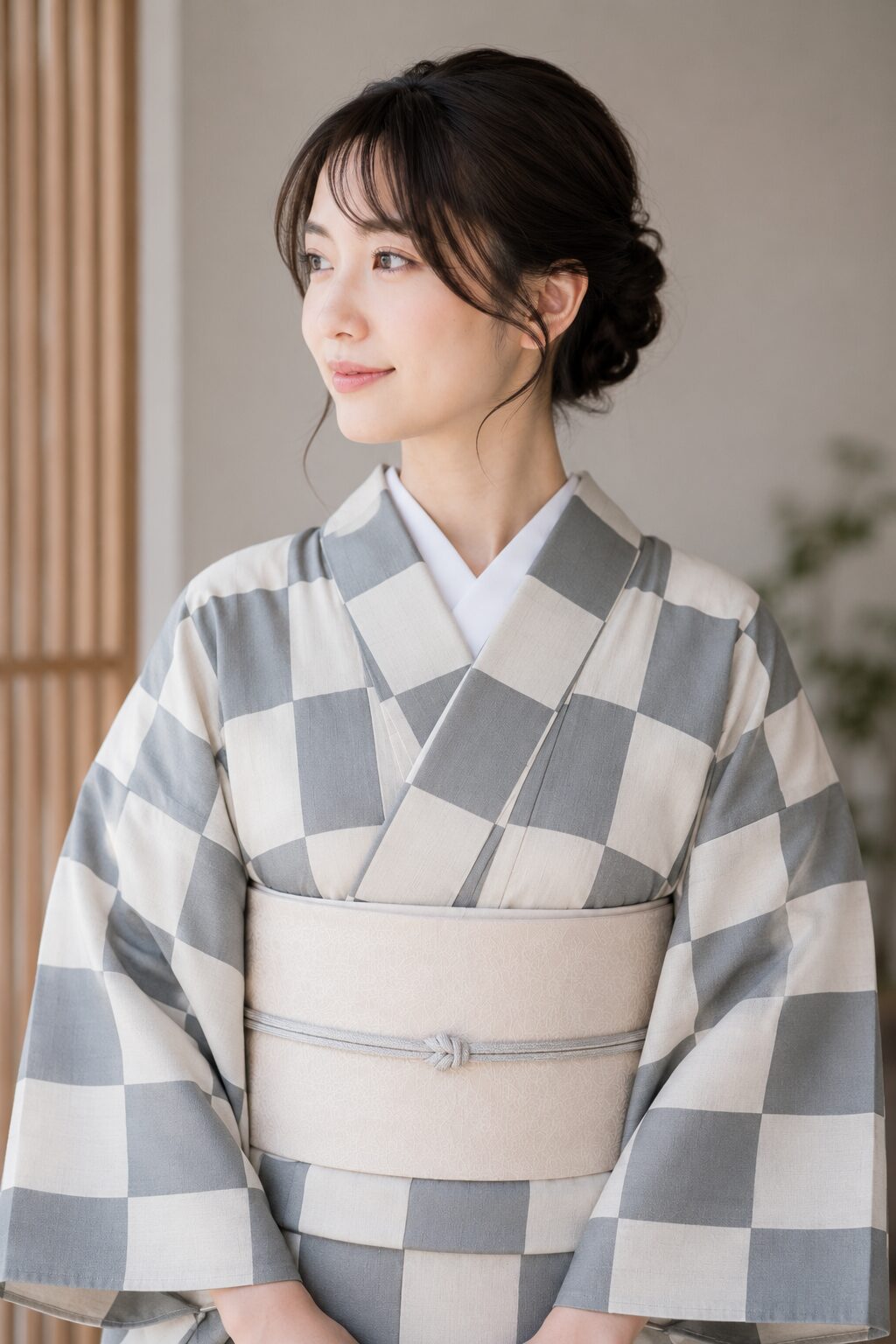 Woman in a modern monochrome ichimatsu checkerboard kimono